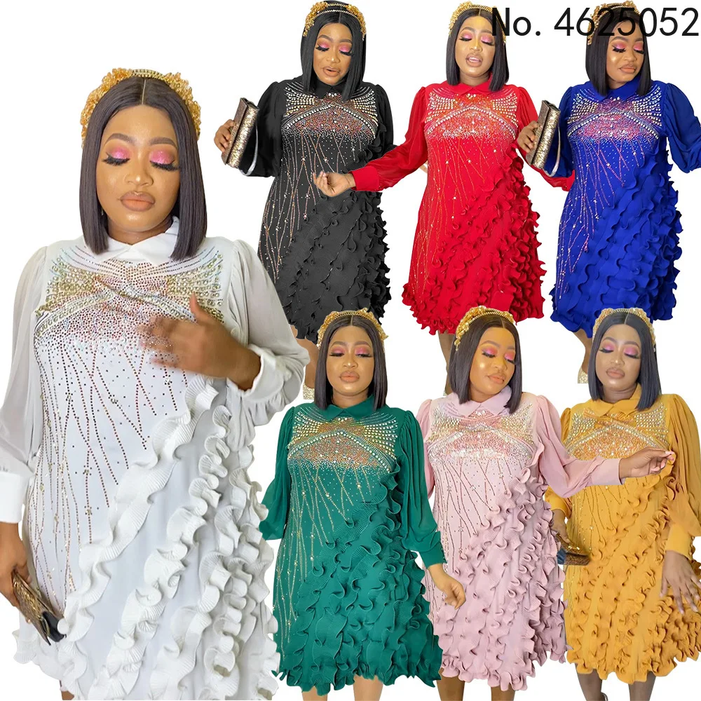 

African Dresses for Women Summer Fashion African Women Long Sleeve O-neck Solid Color Hot Drilling Knee-length Dress XL-5XL