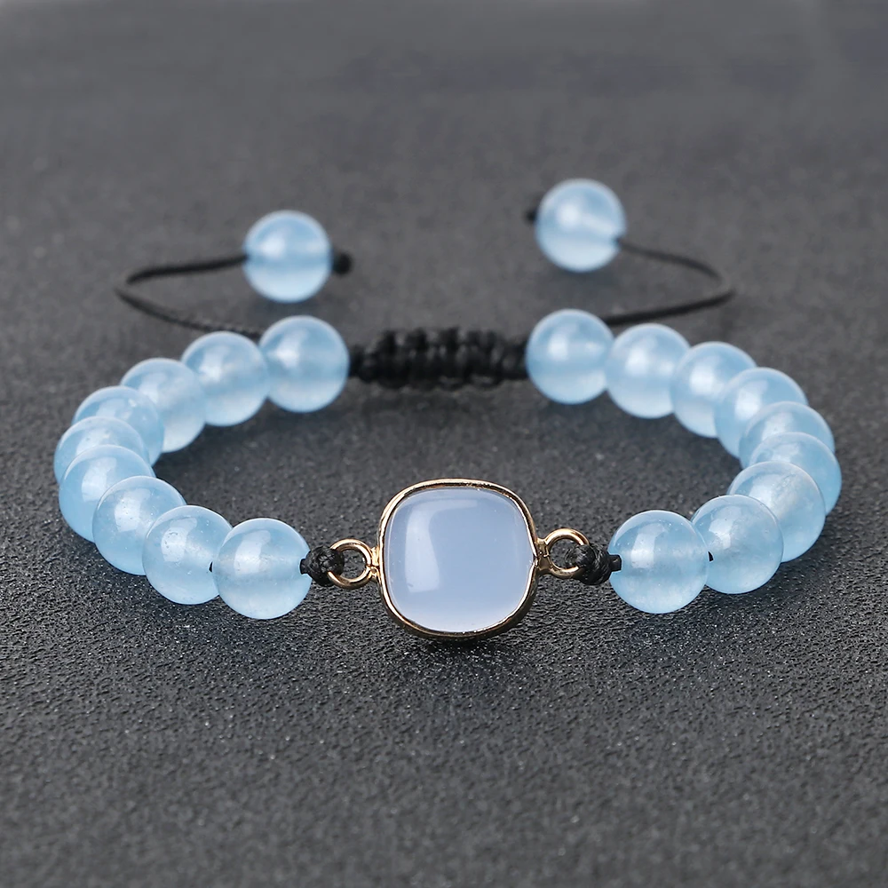 

8mm Charm Women Reiki Healing Yoga Bracelets Natural Stone Blue Chalcedony Agates Beaded Braided Bracelets Men Jewelry Pulsera