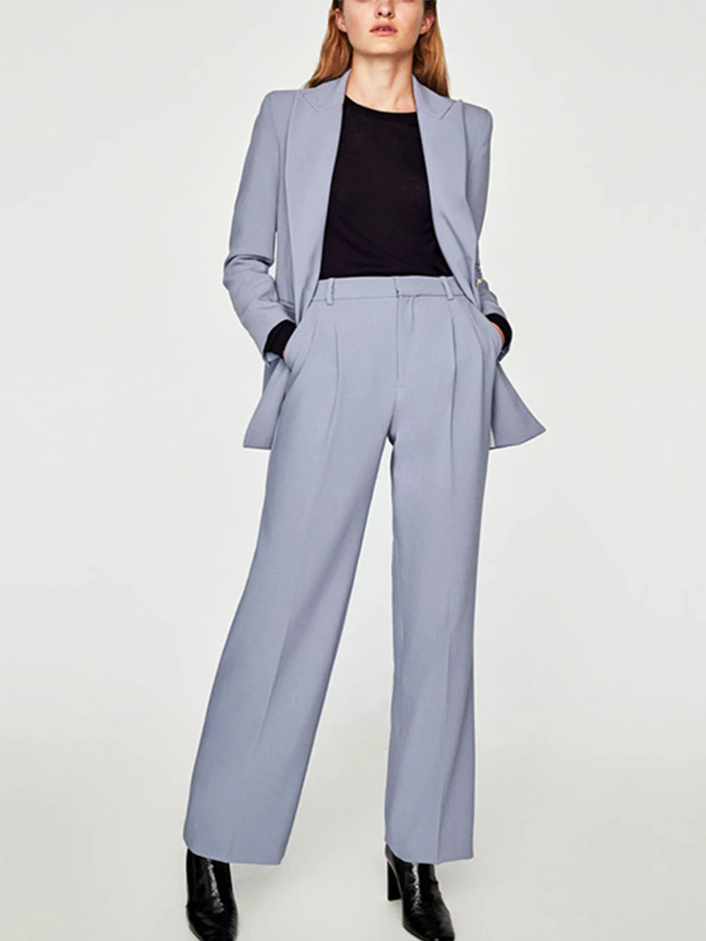 

Grey Single Breasted Wide Leg Pants Women's Suit Peak Lapel Fashion Casual Free Style Jacket Blazer Pants
