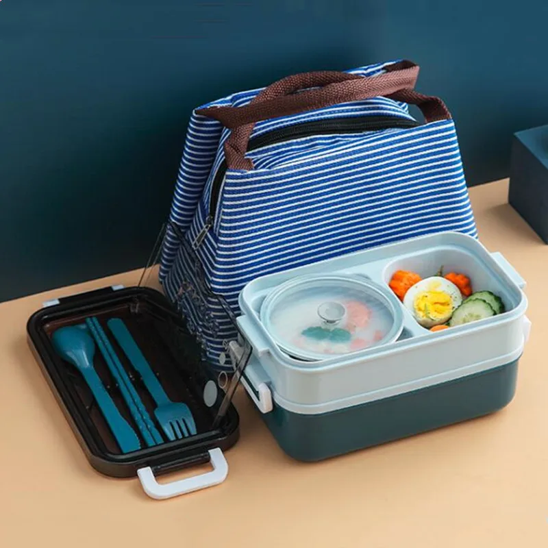 

Lunch Box With Soup Student Food Container Double Layer Stainless Steel Bowl Leak-Proof Bento Box Dinnerware Set Microwave Adult