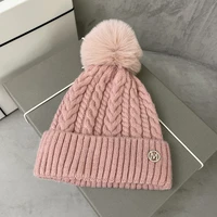 winter beanie hat women knitted fur pompom hat velvet winter hats for ladies soft black white pink korean caps for female