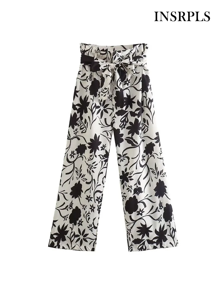

INSRPLS Women Fashion With Belt Front Pockets Floral Print Pants Vintage High Waist Zipper Fly Female Ankle Trousers Mujer
