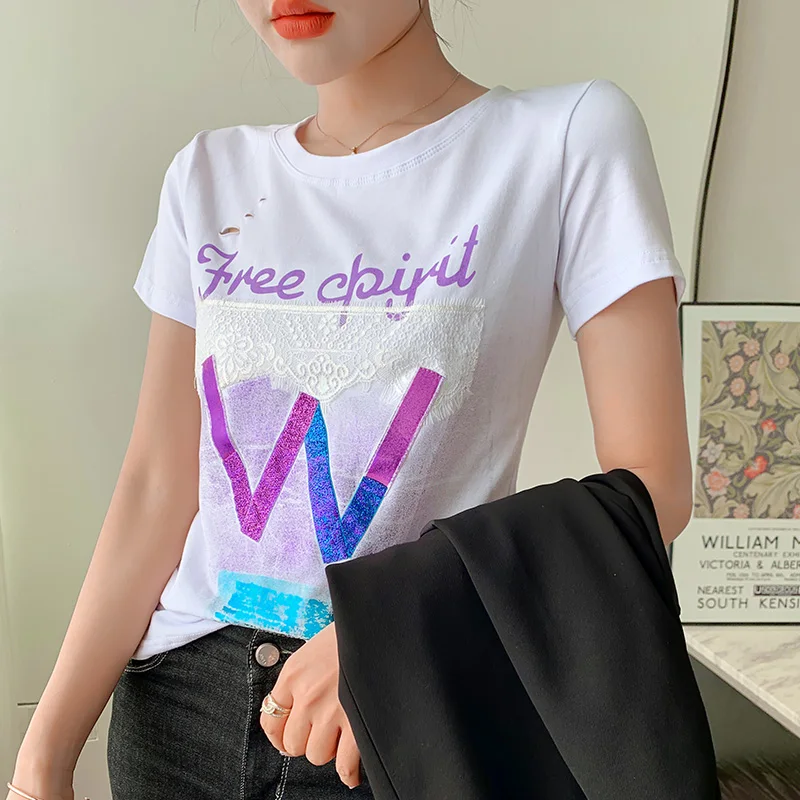 

2022 Summer New Printed T-shirts For Women Lace Patchwork Short Sleeve Tops Tees Holes Letters Loose T Shirt Female Cotton M107
