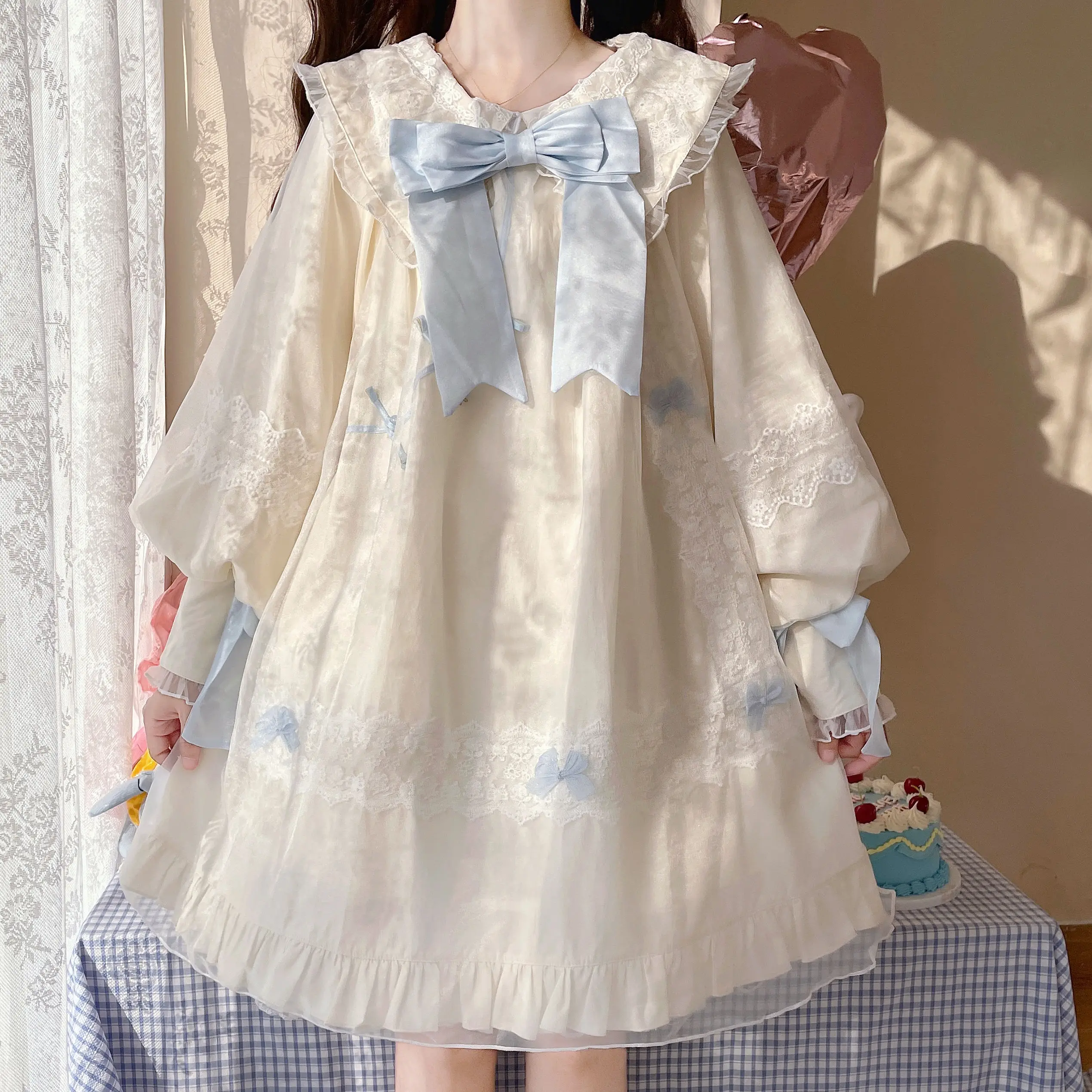 

Женское платье лолиты в японском стиле, милое кружевное платье с бантом и оборками, милый кукольный воротник, кавайная одежда, подарок для девочек
