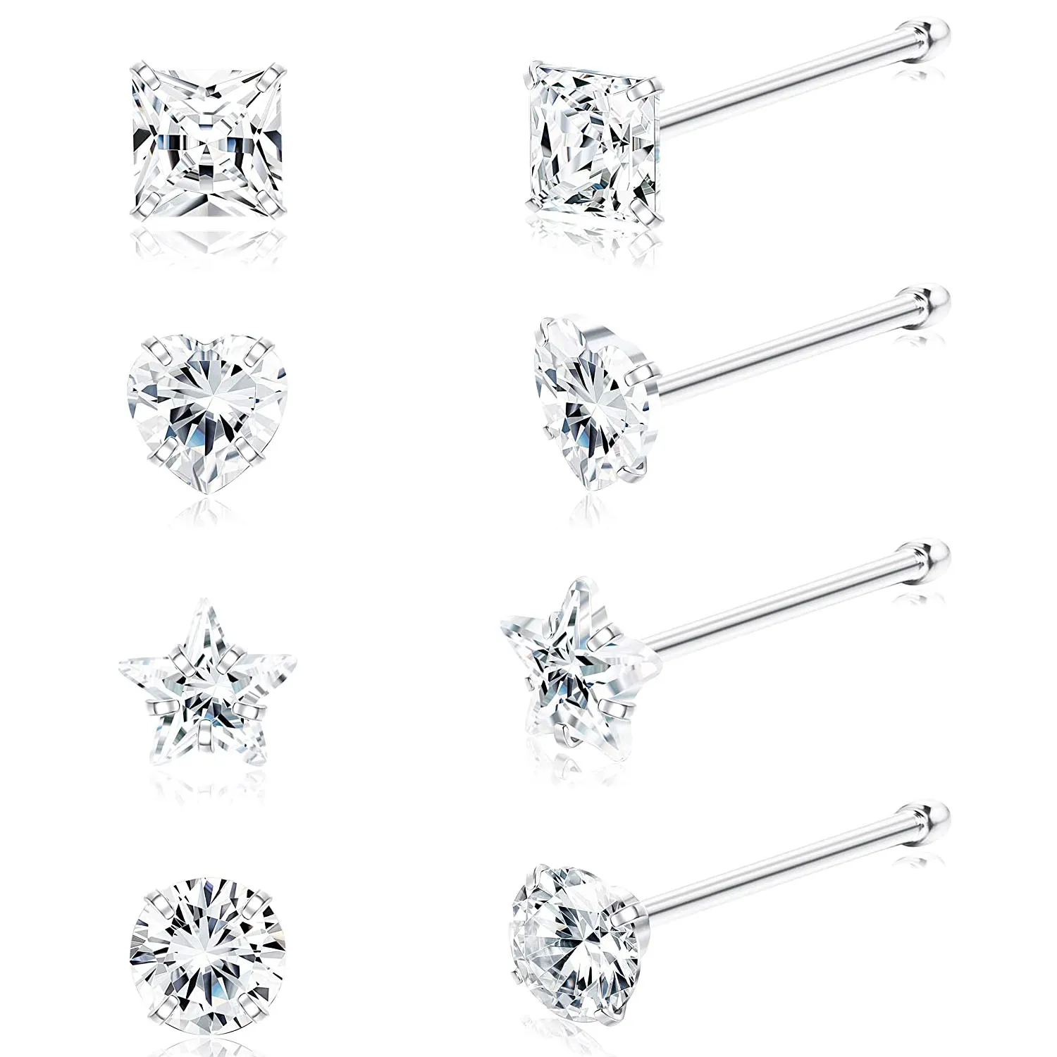 

8Pcs 22G Sterling Silver Nose Rings Studs Tiny 3mm Assorted Shapes CZ Inlaid Nose Body Piercing Jewelry