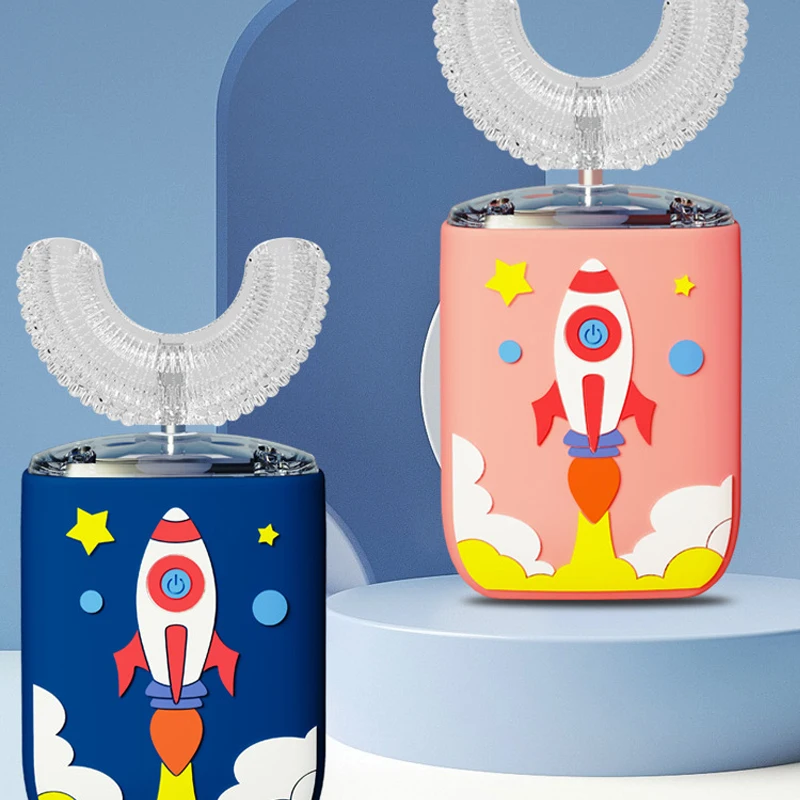 

360Degreed Kids Electric Toothbrush Rechargeable USB Silicon U Shaped Sonic Tooth Brush for Children Smart Timer Blue Light IPX7