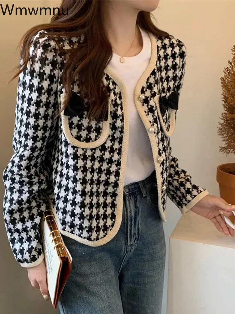 

Korean Elegant Woolen Chaquetas Fashion Slim Short Plaid Tweed Unlined Coat New Spring Wool Blend Jaquetas Casual Women Jackets