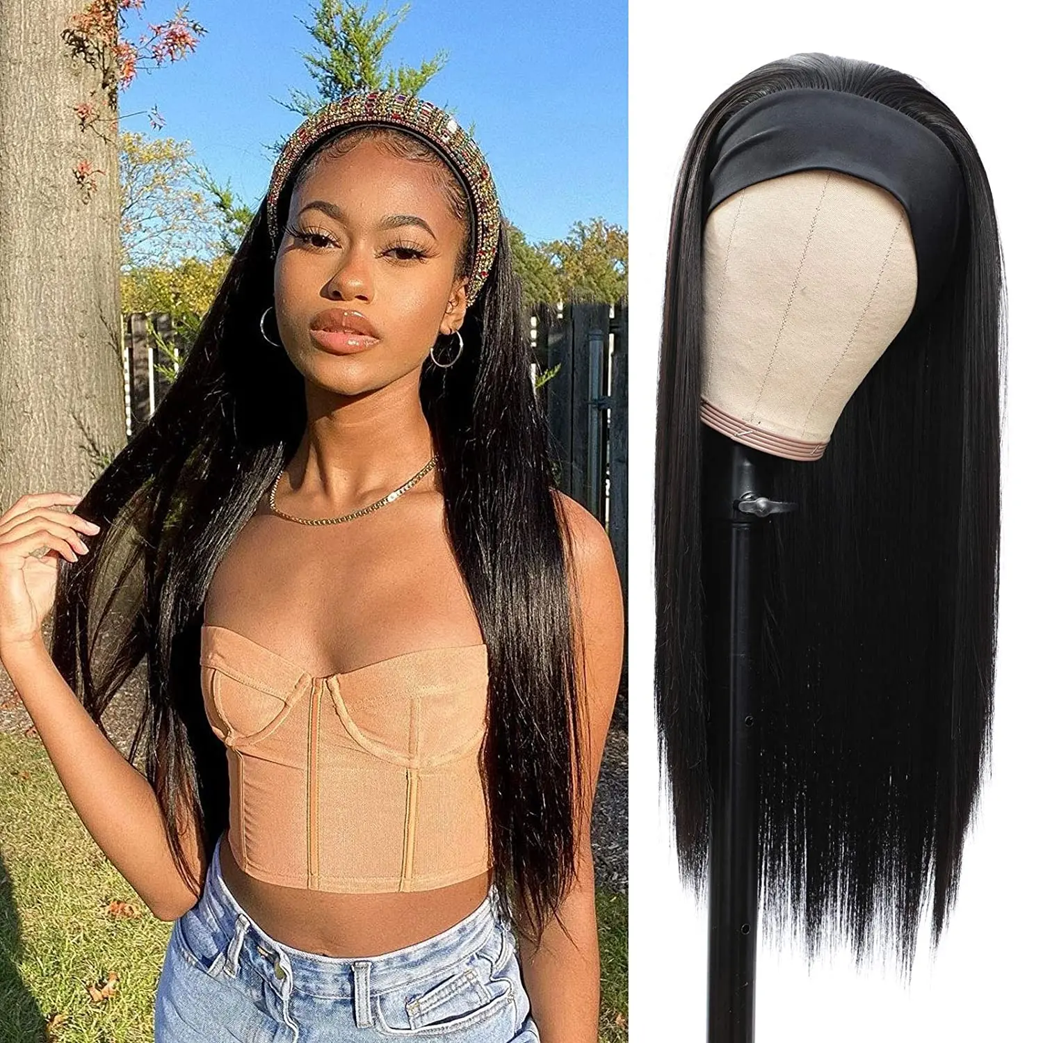 

Straight Headband Wigs for Black Women 24 Inch Synthetic Headband Wig Black Glueless Wig with Headband Attached for Daily Wear