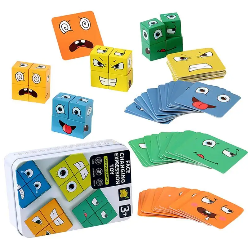 

Creative Facial Expression Puzzle Set Wooden Montessori Building Blocks Cube Brain Teasers Game Early Educational Gift for Kids