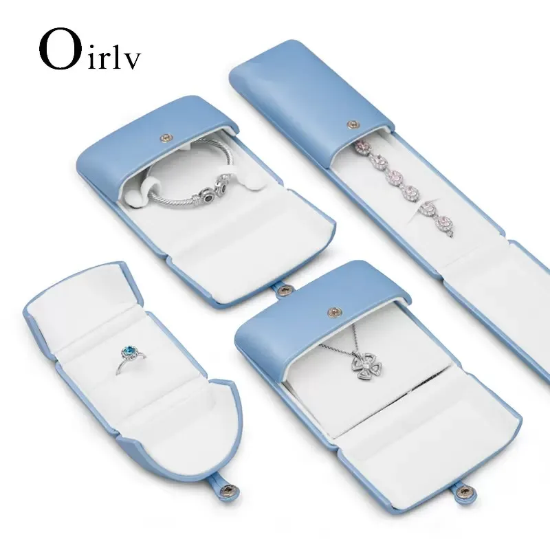 

Oirlv New Blue Leather Snap Button Double-Sided Opening Jewelry Packaging Box Proposal Double Ring Box Necklace Collection Box