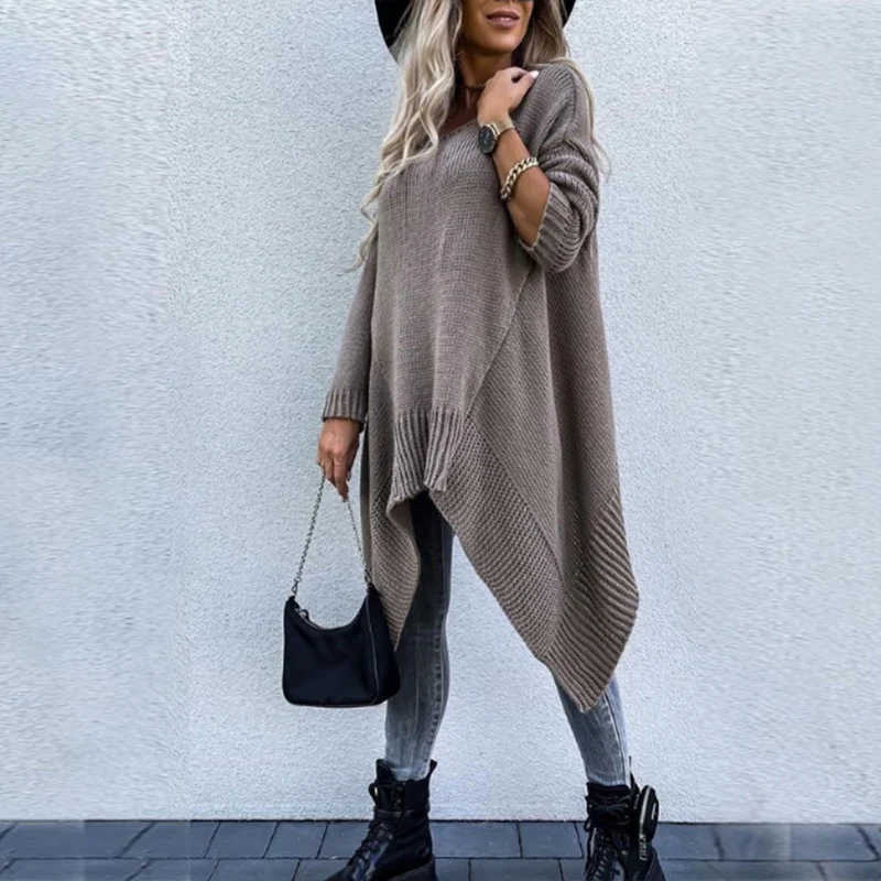 

Женский трикотажный свитер с длинным рукавом, повседневный элегантный асимметричный однотонный джемпер свободного покроя в уличном стиле,...