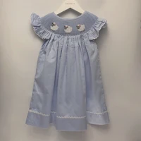 Children Boutique Clothing Summer Girls Flying Sleeves Handmade Smoked Dress Blue Skirt Sheep Embroidered Cute Siblings Outfit