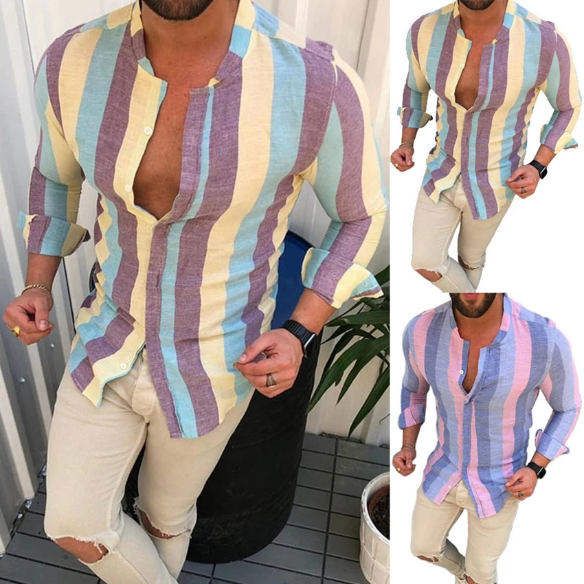 

New Male Long Sleeve Mens Shirts Spring Autumn Striped Slim Fit Stand Collar Shirt Male Clothes Casual Male Shirt Tops
