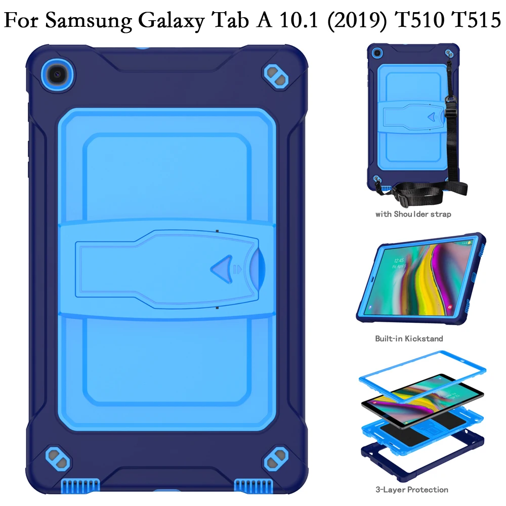 

Cover with Shoulder Strap Silicon Shell Funda for Samsung Galaxy TabA Tab A 10.1 2019 T515 T510 Shockproof PC Stand Tablet Case