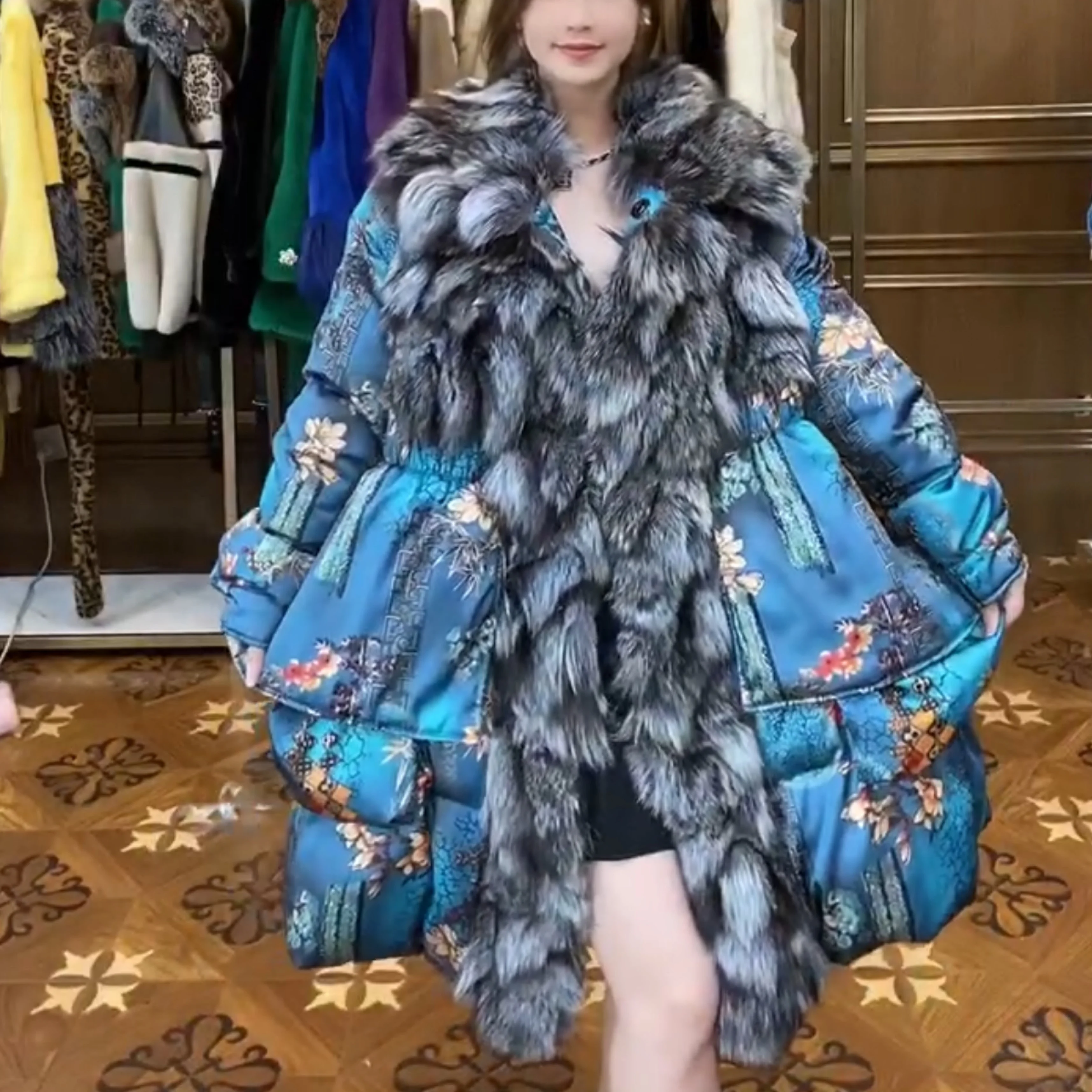 2022 Winter New Faur Fox Fur with White Duck Down Fur Jacket Long-Sleeved Women's Long Warm Slimming Fashion Warm Coat