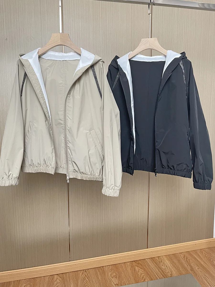 

Women Trench Coat Chain Hooded Short Zipper Fly Solid Loose Long Sleeve Windbreaker Casual Spring New 2023