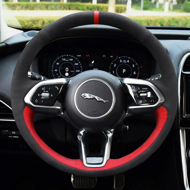 

DIY Custom Black Red suede Leather car steering wheel cover for Jaguar XJ XEL F-PACE XFL E-PACEXF Interior Auto Accessories