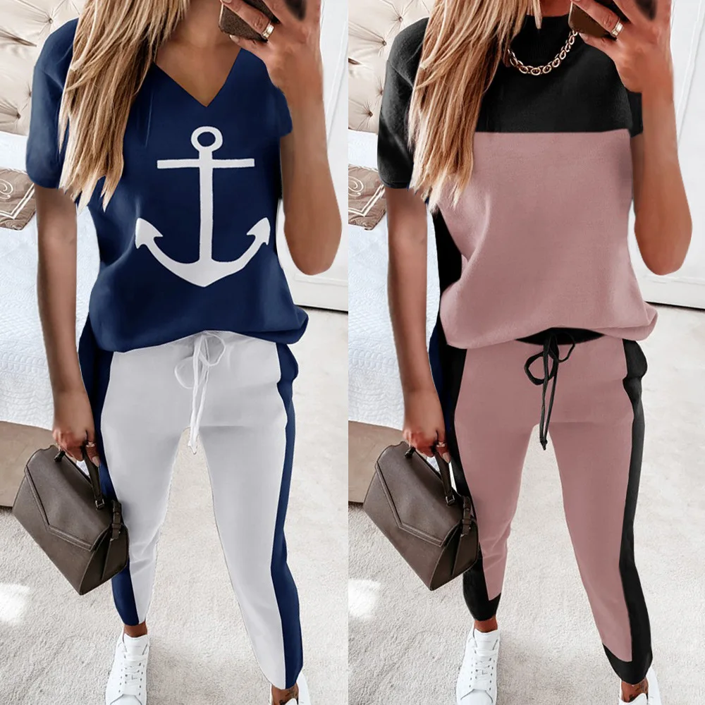 

Summer Set Casual Round Neck Loose Sport Style Pocket Contrast Color Set