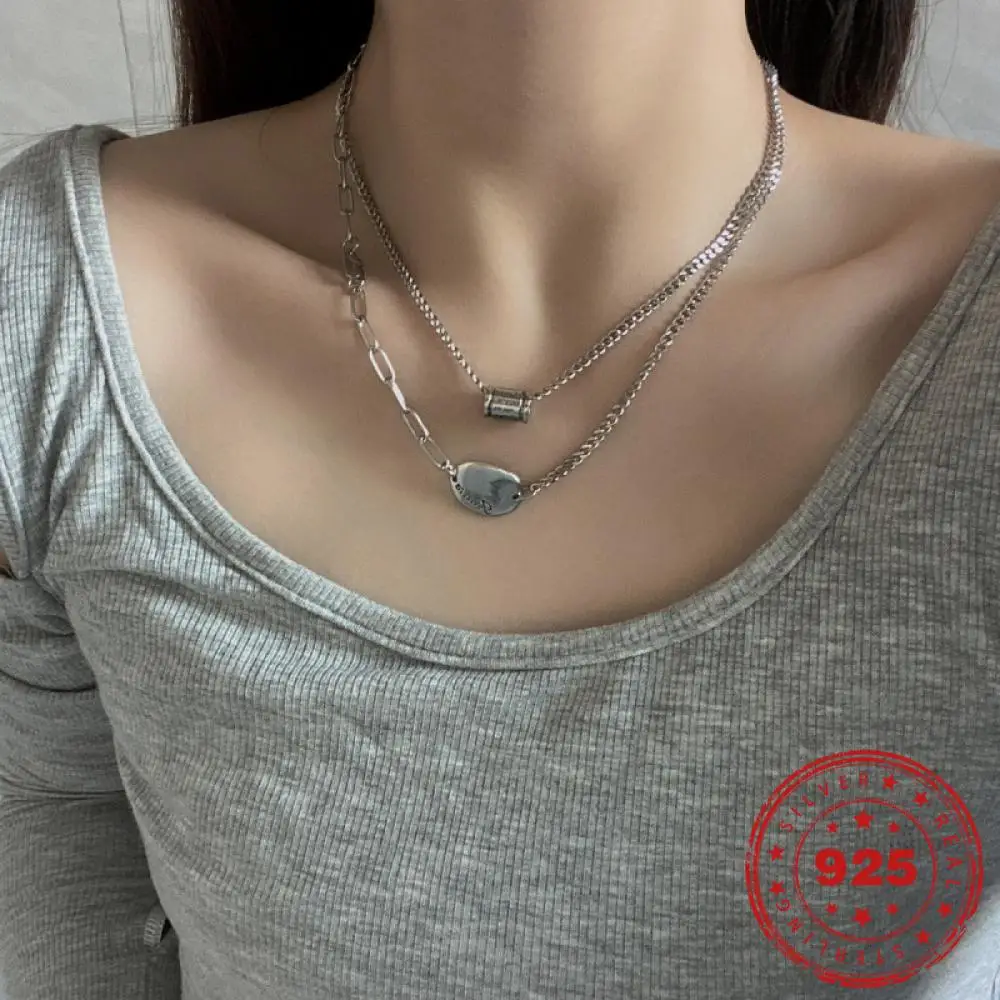 

HOYON Fashion Double-Layer Silver Necklace Personalized Geometric Bead Pendant Short Curved Engraved Letters Clavicle Chain