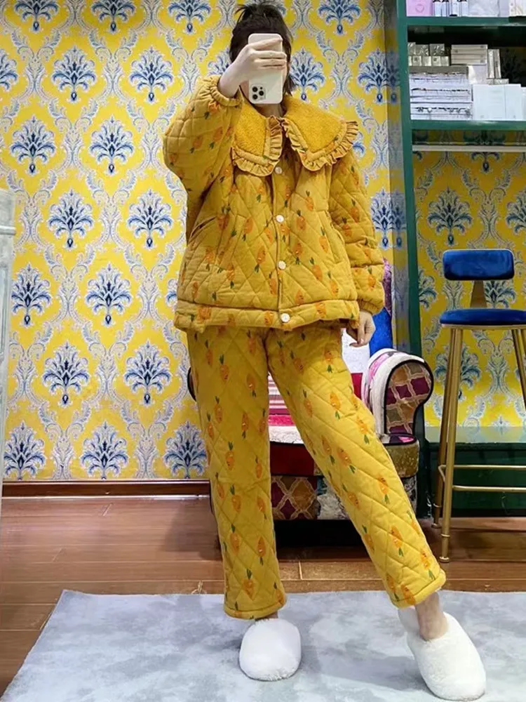 Зимние женские пижамы розового винограда с принтом свободные трехслойные