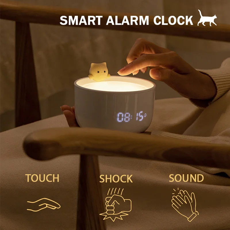 LED Night Light Cute Cat Digital Alarm Clock Three-level Dimming USB Charging Baby Feeding Lamp Bedroom Kids Children Gifts