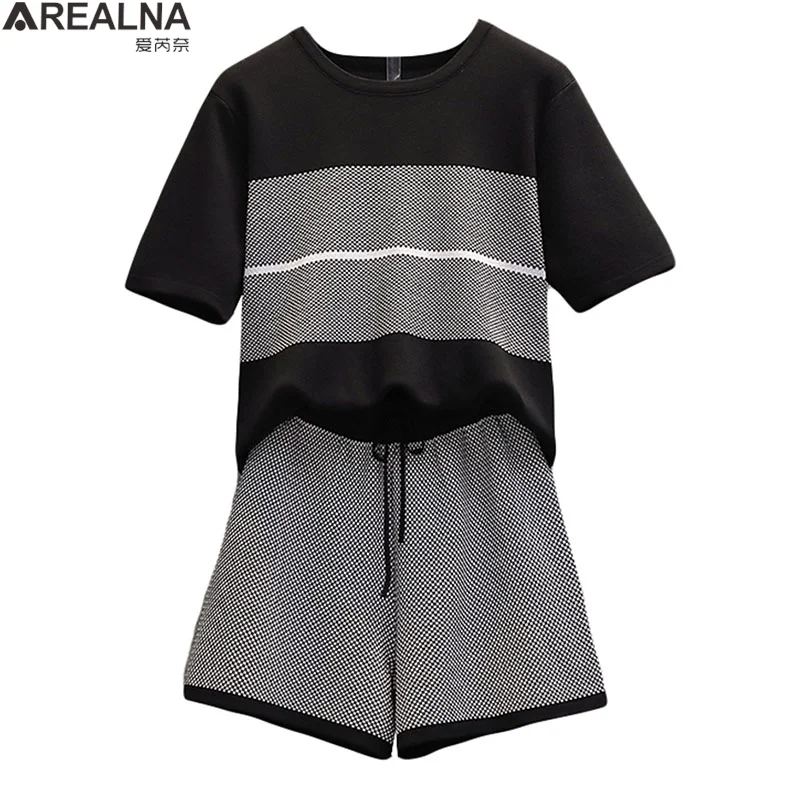 

Two piece set women 2022 Casual Tracksuit Women Loose Knitted Color contrast Pullover Women's Top + Shorts Sets Knitwear Suits