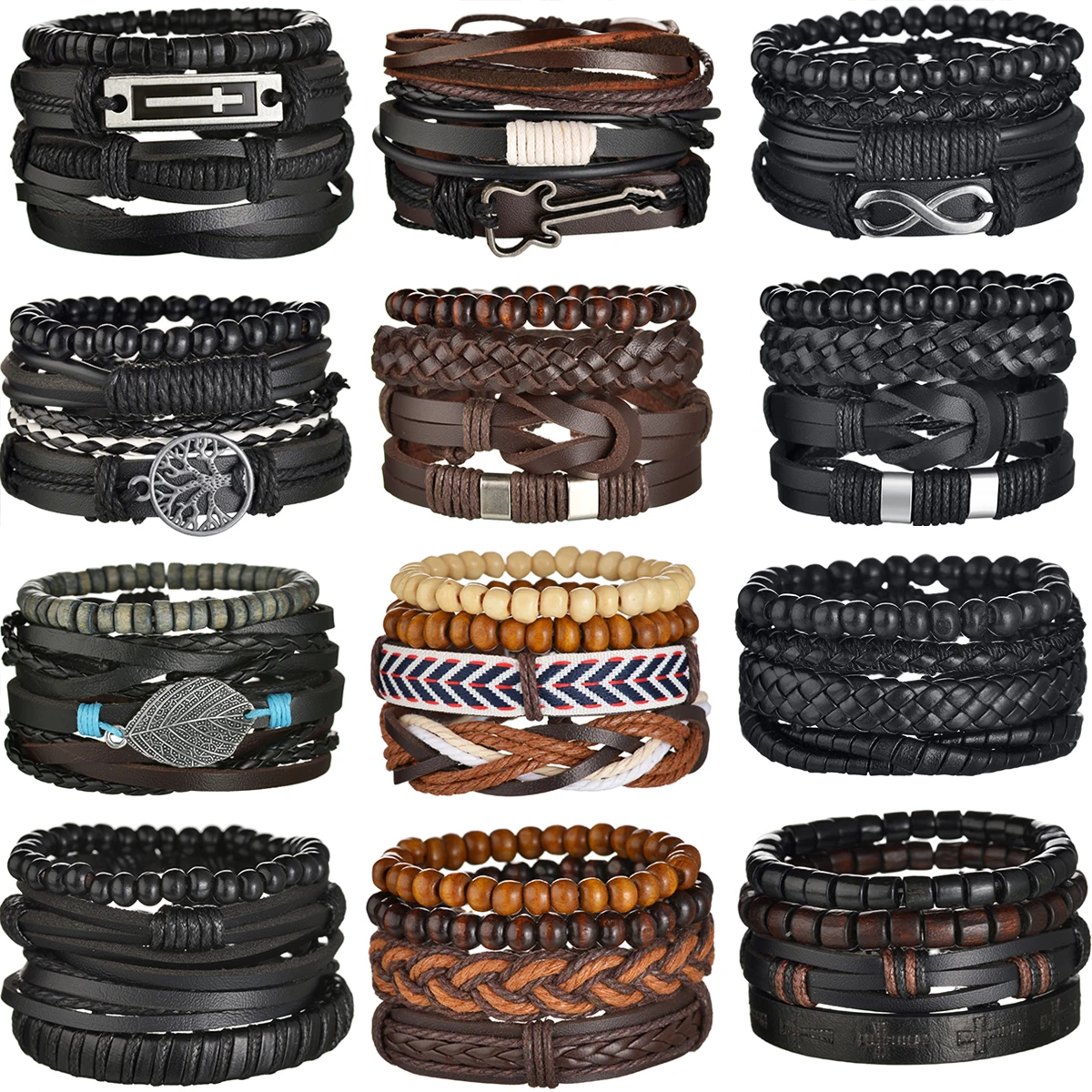 MeMolissa 3/4Pcs/ Set Braided Wrap Leather Bracelet for Men Vintage Life Tree Guitar Wood Beads Fashion Male Bracelets Wristband