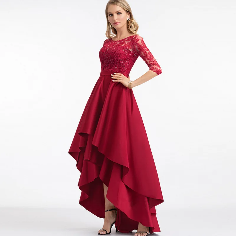 Women Elegant Cocktail Hollow Lace-up Crew Neck Half Sleeve Prom Party Dress Fashion Slim Waist Pleated Evening Dresses