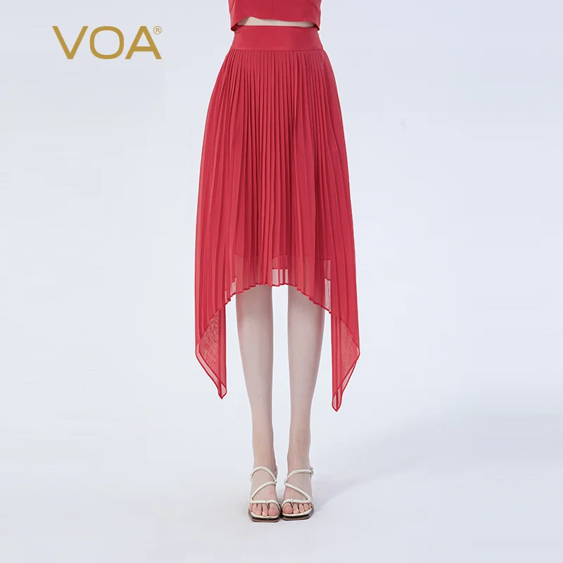 

VOA Silk Georgette Red Natural Waist Contrast Panel Organ Pleated Swallowtail Fashion Lightweight Pleated Half Dress CE216