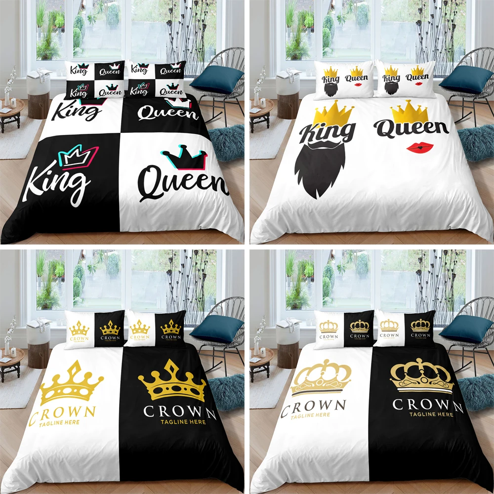 

Popular 3D Print Crown Series Duvet Cover Creative Black White Bedding Set 2/3pcs Full Size Couples Lover Quilt/Comforter Covers