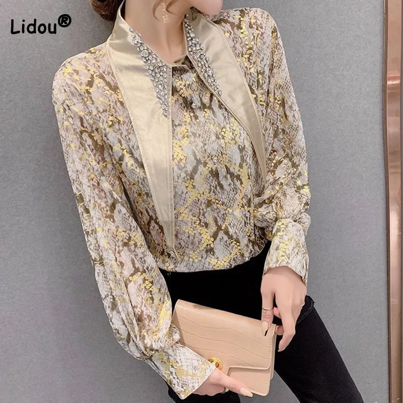 

Fashion Korean Women's Beading Turn-down Collar Shirt Spring Elegant Vintage Long Sleeve Printed Blouse Summer Female Clothing