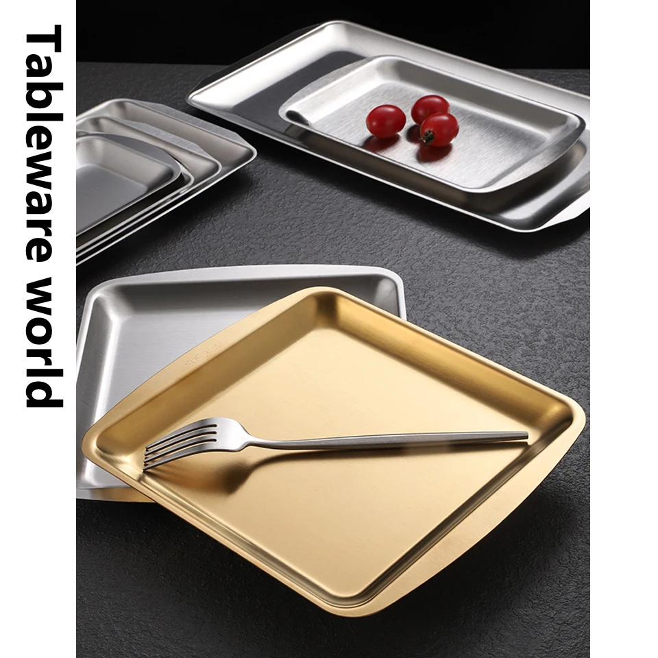 Thick Stainless Steel Gold Serving Plate Restaurant Fish BBQ Skewers Seafood Sushi Plate Rectangular Large Flat Storage Tray images - 6