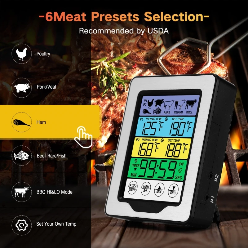 

Термометр для гриля, барбекю, мяса с двумя зондами, цифровой термометр для гриля, таймер, будильник для барбекю, приготовления пищи, мяса