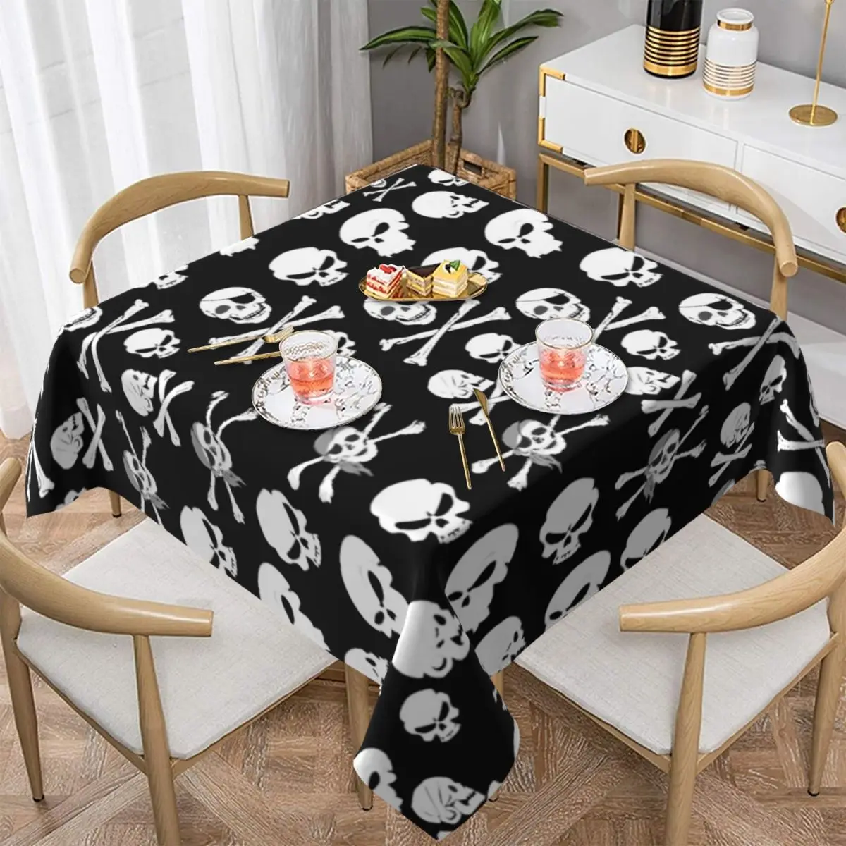 

White Skull Tablecloth Pirate Cross Bones Skulls Print Decoration Table Cover Polyester Garden Wholesale Vintage Table Cloth