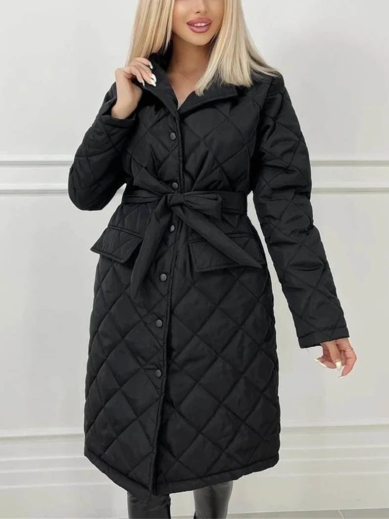 Winter Fashion Single Breasted Black Long Argyle Parkas with Belt 2022 Women's Cotton Padded Coats Ladies Elegant Warm Outerwear
