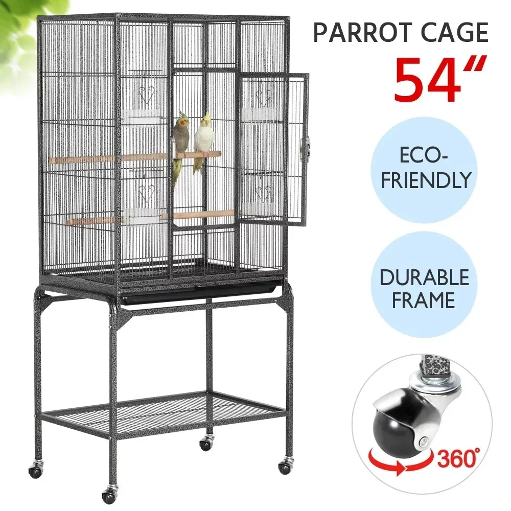 

54" Metal Rolling Bird Cage with Detachable Stand,Parrot cage. Pet Cage， Black