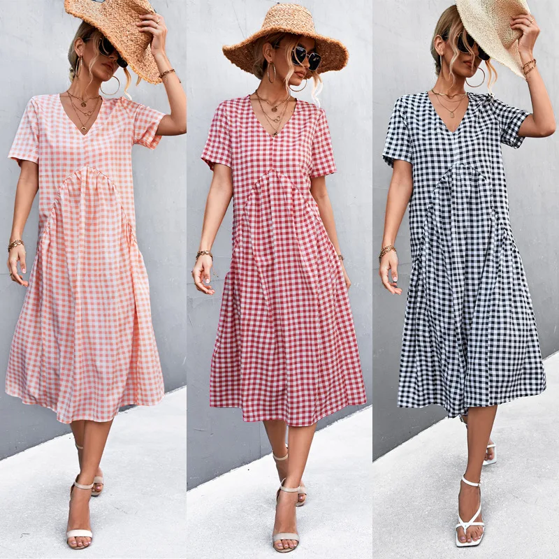 

Женское Повседневное платье-трапеция средней длины, модные весенне-летние платья 2022, Новое привлекательное Плиссированное клетчатое плать...