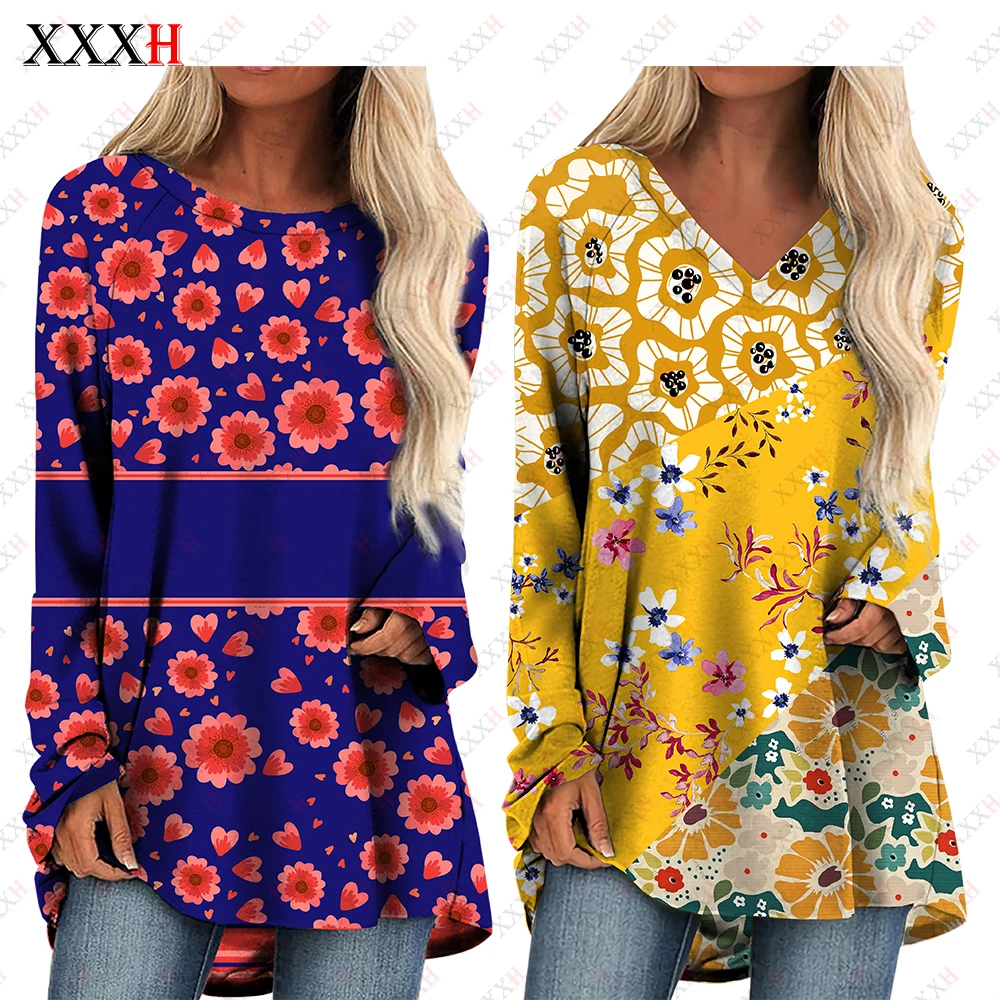 

XXXH 2022 Spring Summer Women T Shirt Fashion Long Sleeve 3D Floral Printed Tops Elegant Loose Casual Long T Shirts Pullover
