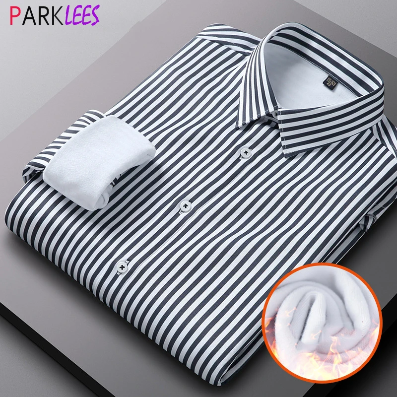 

Winter Black White Vertical Striped Fleece Linend Mens Dress Shirts Brand Slim Fit Long Sleeve Formal Business Casual Warm Shirt
