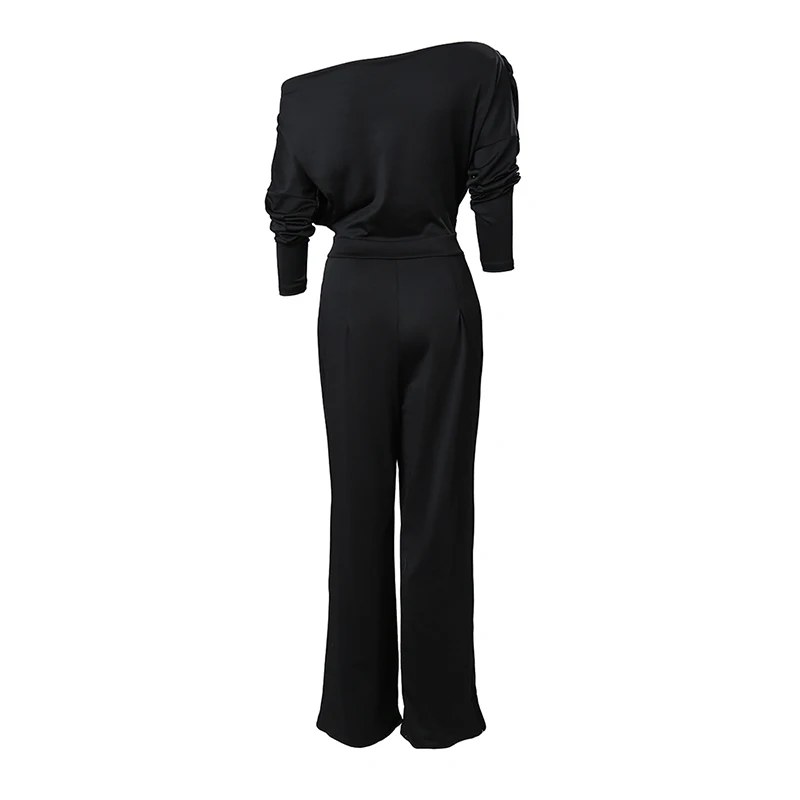 Divasily 2023 Ruched Cold Shoulder Split Hem Wide Leg Jumpsuit Women Casual Long Pants Overalls