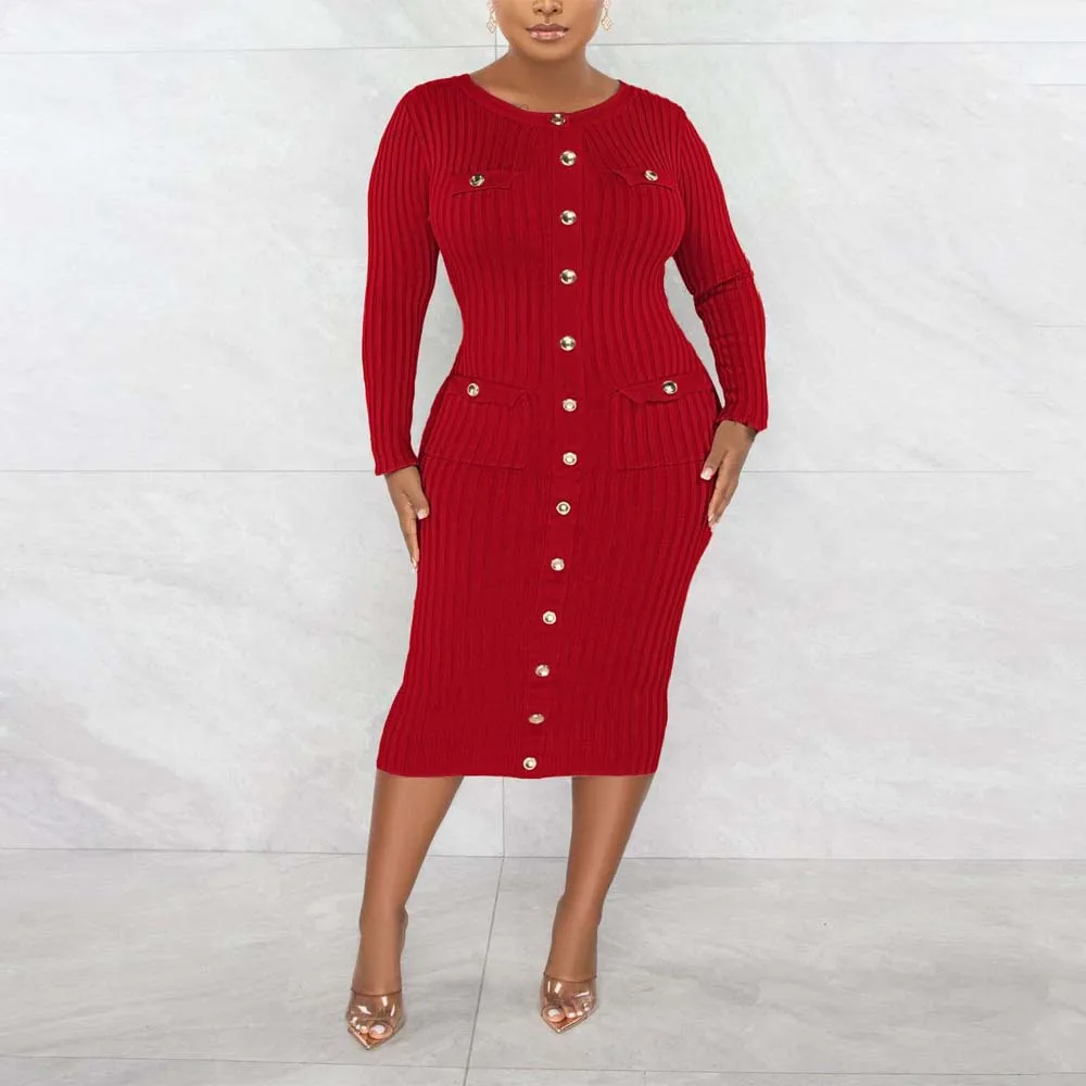 

Knitted Dresses Women Winter Long Full Sleeve Single Breasted Round Neck Bodycon Elegant Evening Night Party Vestidos Mujer Hot