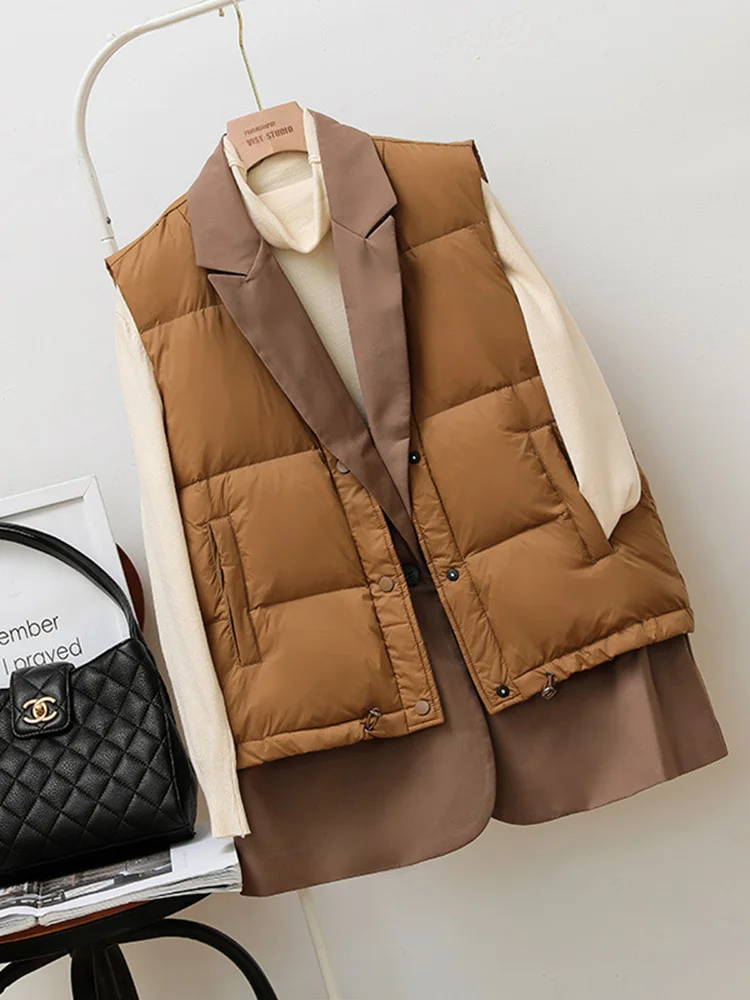 

Autumn And Winter Long Warm Duck Down Vest Women Blazer Jacket Female Slim Sleeveless Patchwork Pocket vestcoat