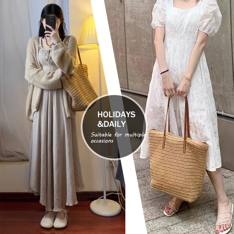 

Women Straw Woven Tote Bag Large Beach Handmade Weaving Rattan Shoulder Bag Purse Straw Handbag Beige Camel