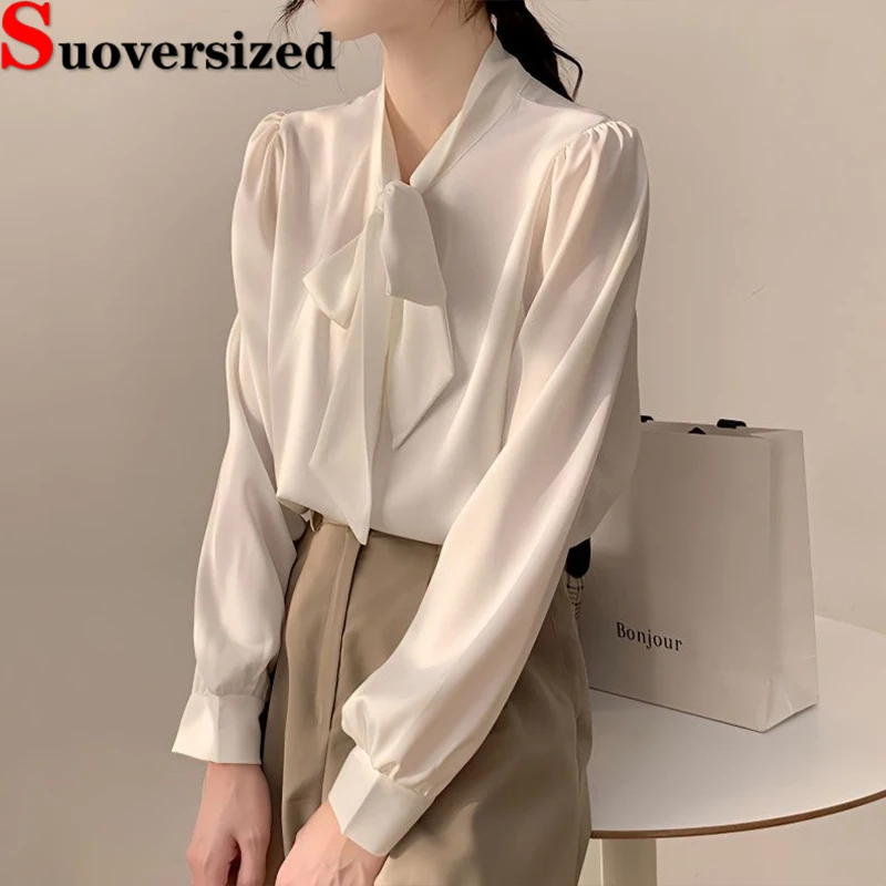 

Office Women's Lace Up Chiffon Shirts Spring Fall Ol White Classic Camisas Elegant Korean Blusas Loose Casual Long Sleeve Tops