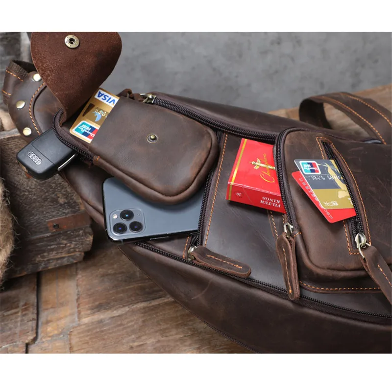 Vintage genuine leather men's multi-pocket personality chest bag designer natural crazy horse cowhide outdoor shoulder bag