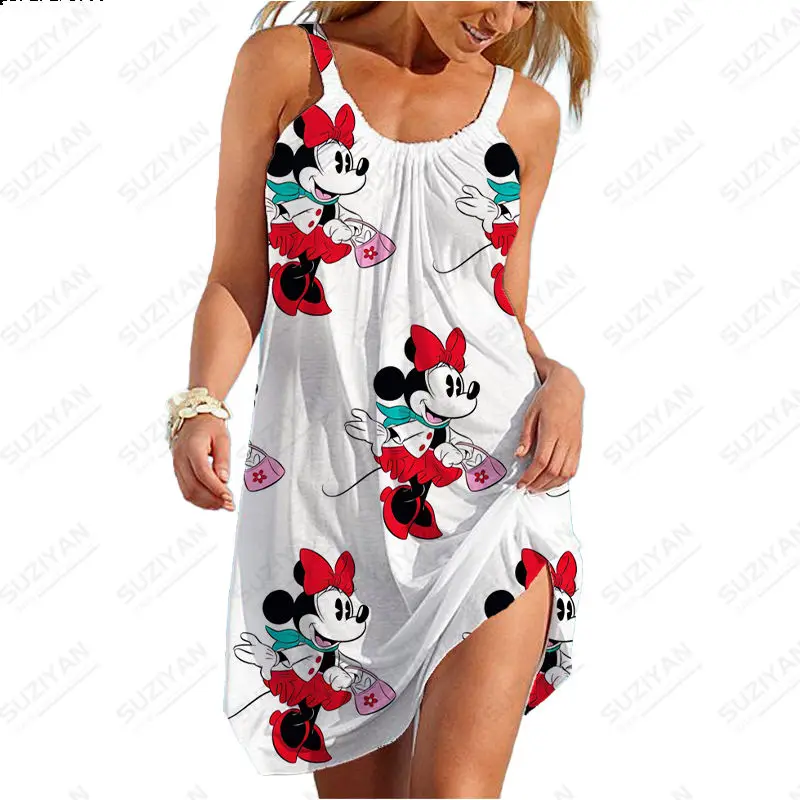 

Summer Women's Disney 3D Print Beach Skirt Loose Fit Plus Size Strap Sleeveless Sexy Holiday Beach Skirt Temperament Party Dress