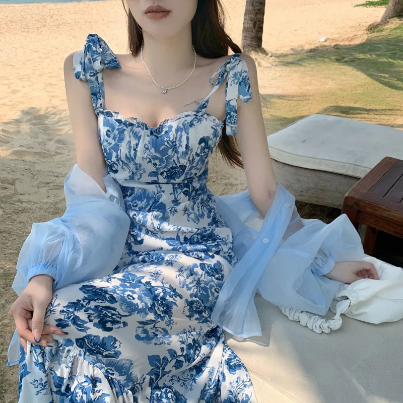 

Summer 2022 New French style retro gentle floral sling fishtail long temperament waist slimming dress