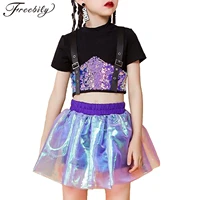 girls hip hop jazz dance costume sets short sleeve sequin decor crop top with skirt street dance stage performance dancewear