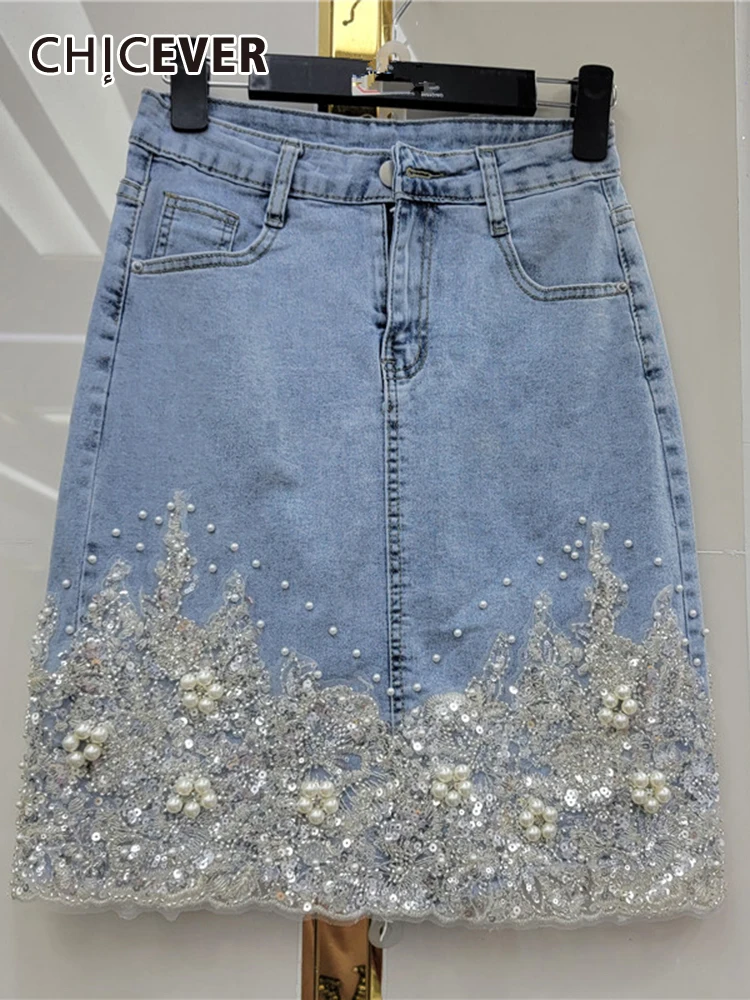 

CHICEVER Spliced Embroidered Flares Denim Skirts For Women High Waist Patchwork Zipper Hit Color Folds Slim Summer Skirt Female