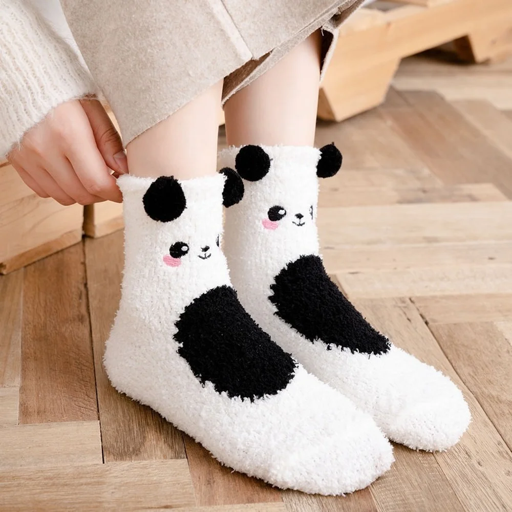 5 Pairs New Cute Pet Animal Women Home Floor Socks Cartoon Embroidered Coral Fleece Socks Fuzzy Cat Dog Sleeping Socks